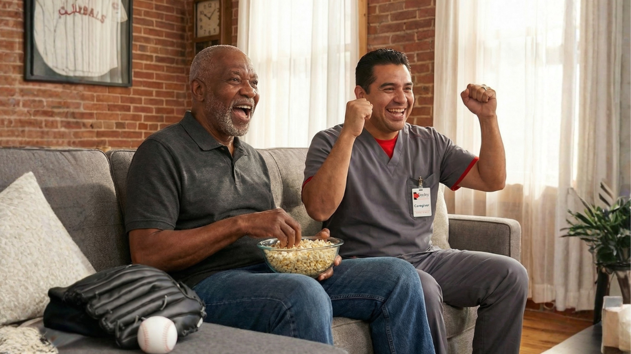Male caregiver watching a sports game on tv with a senior man