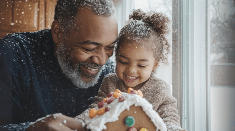 Grandfather decorating a gingerbread house with his granddaughter