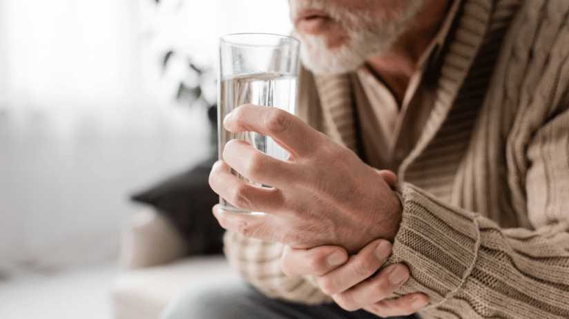 Senior man with Parkinson's trying to drink a glass of water