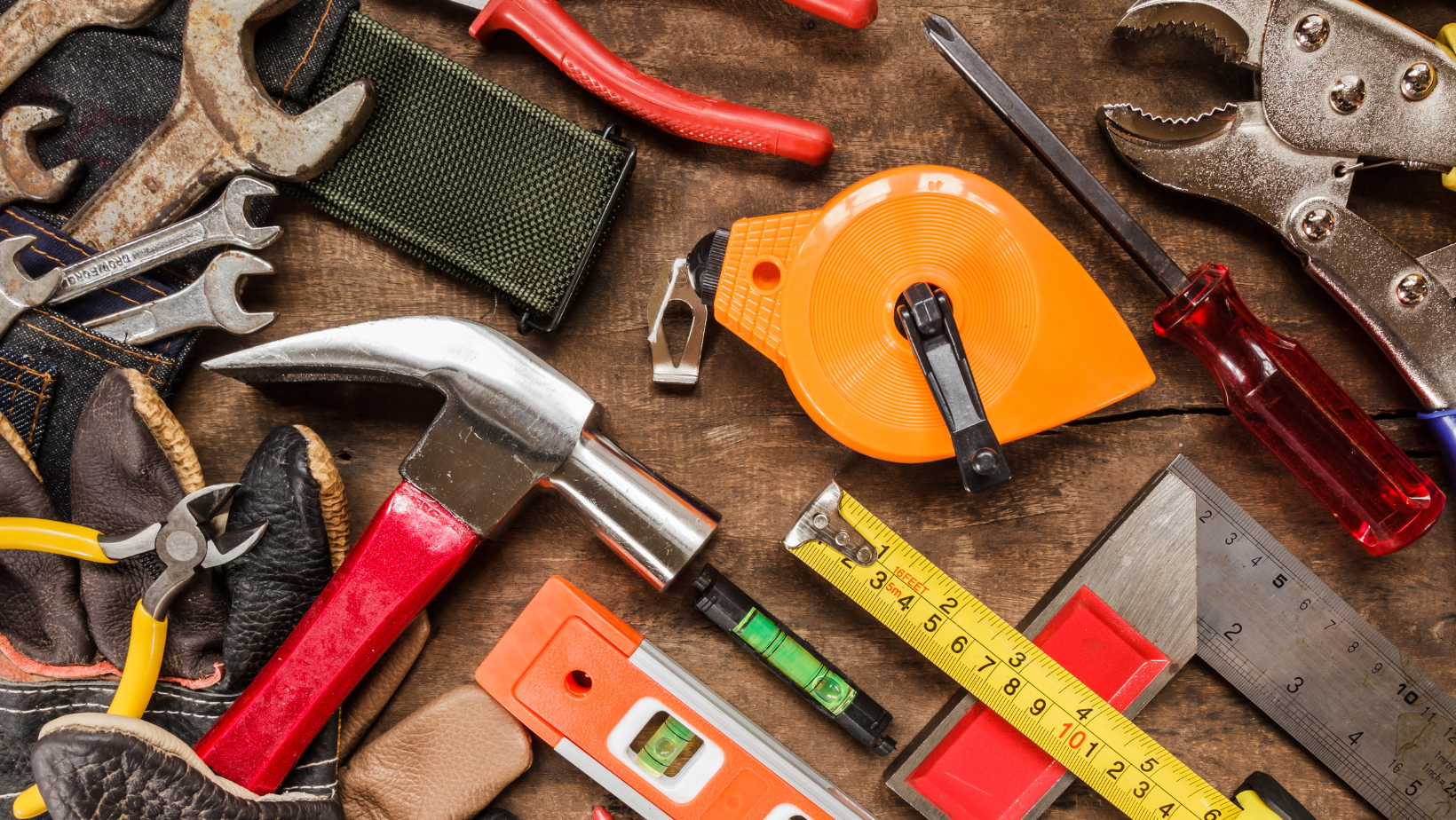 Home improvement tools on a wooden table
