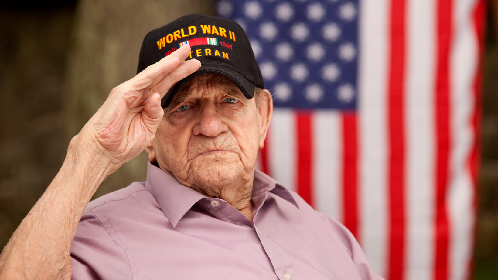 Blog20Covers20287129 Senior veteran saluting with an American flag behind him