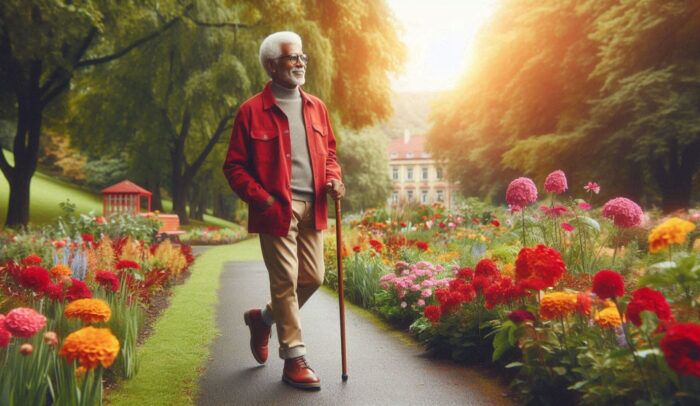 African American senior with a cane walking through a grove of flowers