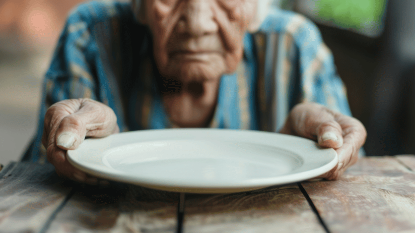 Frail senior woman holding out an empty plate