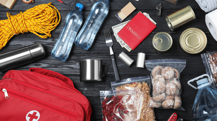 Emergency prep kit with water, passport, food, bandages, etc.