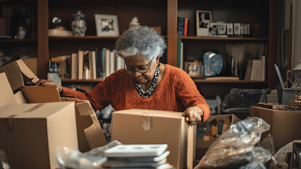 Black senior woman organizing boxes in her home