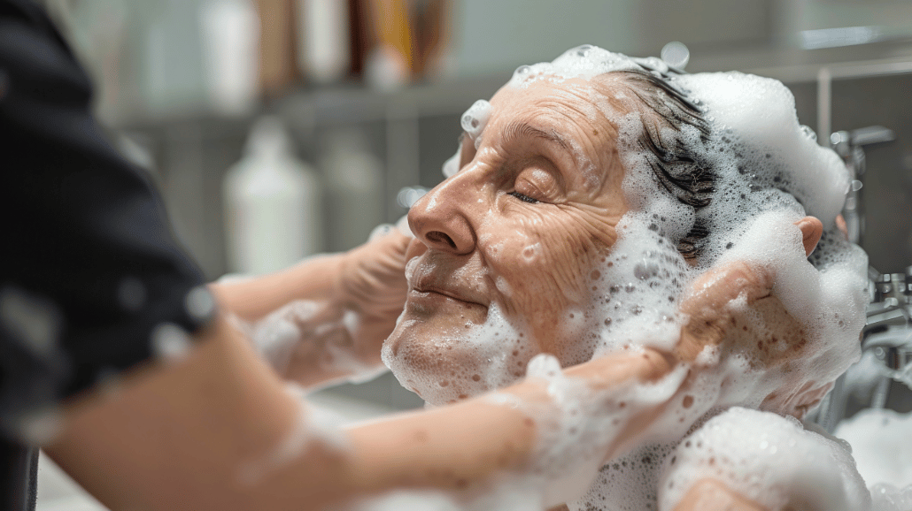 Caregiver washing a senior woman's hair