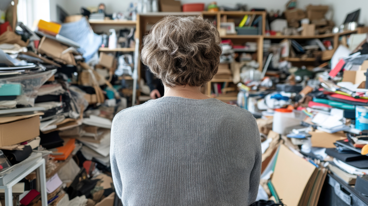 Blog Covers Senior woman in cluttered living room due to hoarding