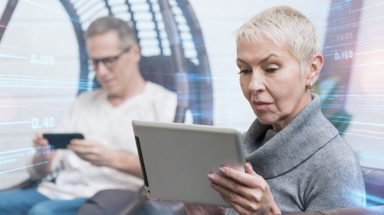 Senior woman using AI on a tablet