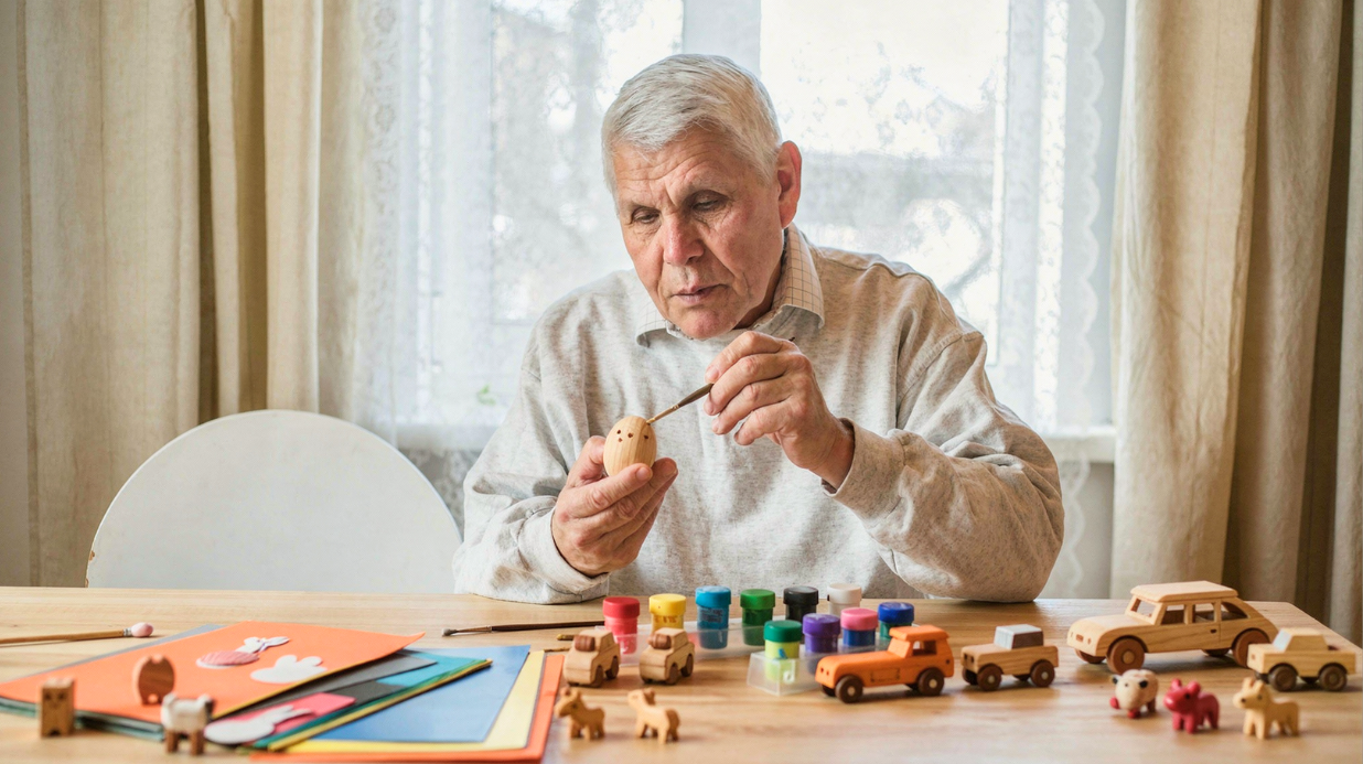 Senior man painting wooden toys at a table