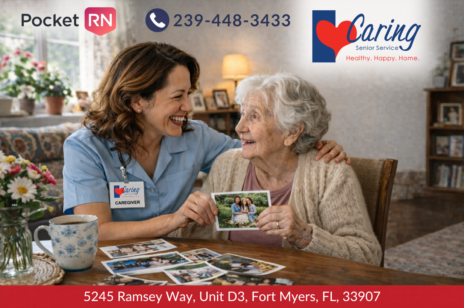 Caregiver working with senior looking at pictures
