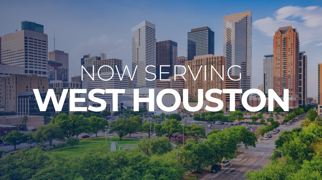 Landscape of Houston with text overlay "now serving West Houston"