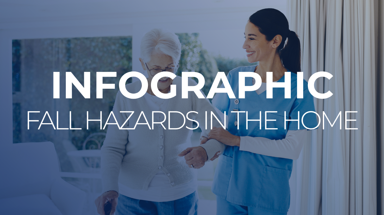Caregiver helping a senior walk with text overlay "infographic: fall hazards in the home"